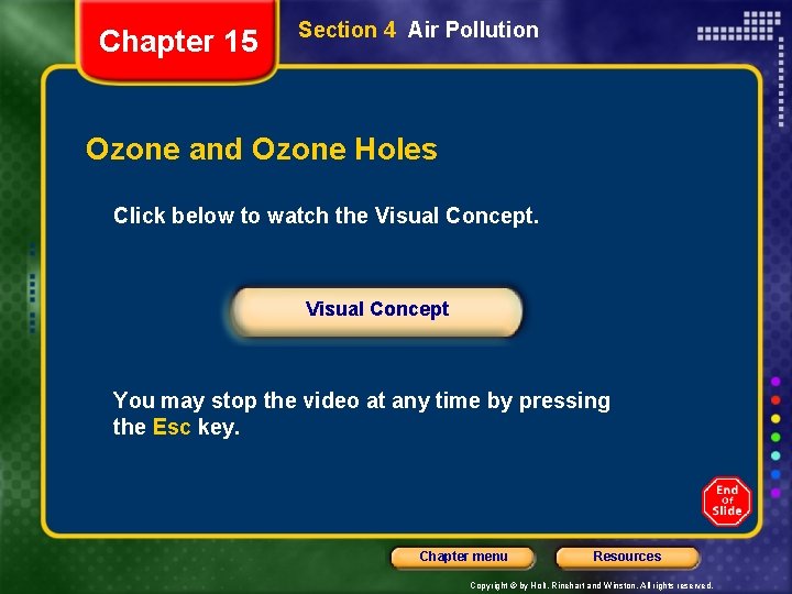 Chapter 15 Section 4 Air Pollution Ozone and Ozone Holes Click below to watch