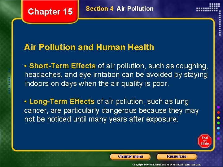 Chapter 15 Section 4 Air Pollution and Human Health • Short-Term Effects of air
