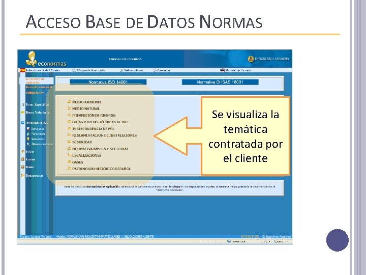 ACCESO BASE DE DATOS NORMAS Se visualiza la temática contratada por el cliente 