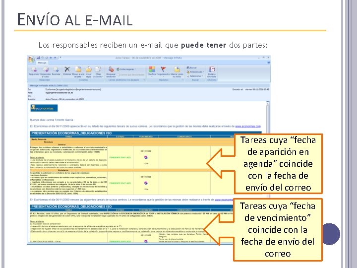 ENVÍO AL E-MAIL Los responsables reciben un e-mail que puede tener dos partes: Tareas