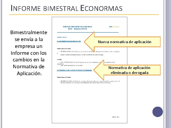 INFORME BIMESTRAL ECONORMAS Bimestralmente se envía a la empresa un Informe con los cambios