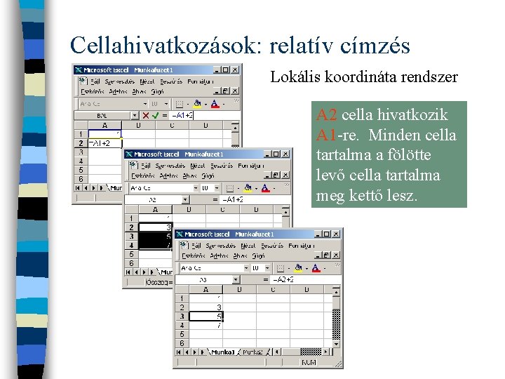 Cellahivatkozások: relatív címzés Lokális koordináta rendszer A 2 cella hivatkozik A 1 -re. Minden