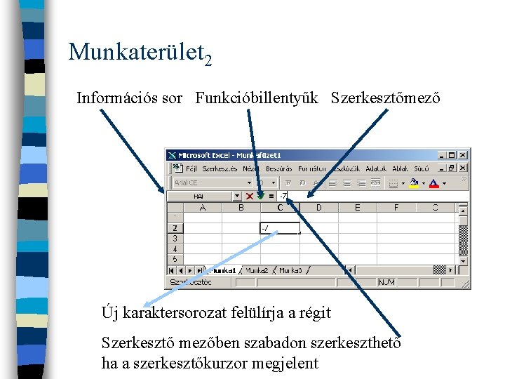 Munkaterület 2 Információs sor Funkcióbillentyűk Szerkesztőmező Új karaktersorozat felülírja a régit Szerkesztő mezőben szabadon