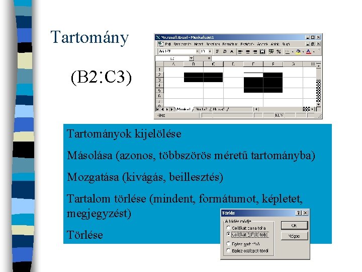 Tartomány (B 2: C 3) Tartományok kijelölése Másolása (azonos, többszörös méretű tartományba) Mozgatása (kivágás,