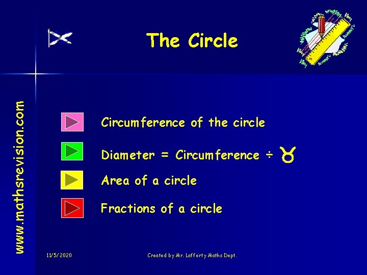 www. mathsrevision. com The Circle Circumference of the circle Diameter = Circumference ÷ Area