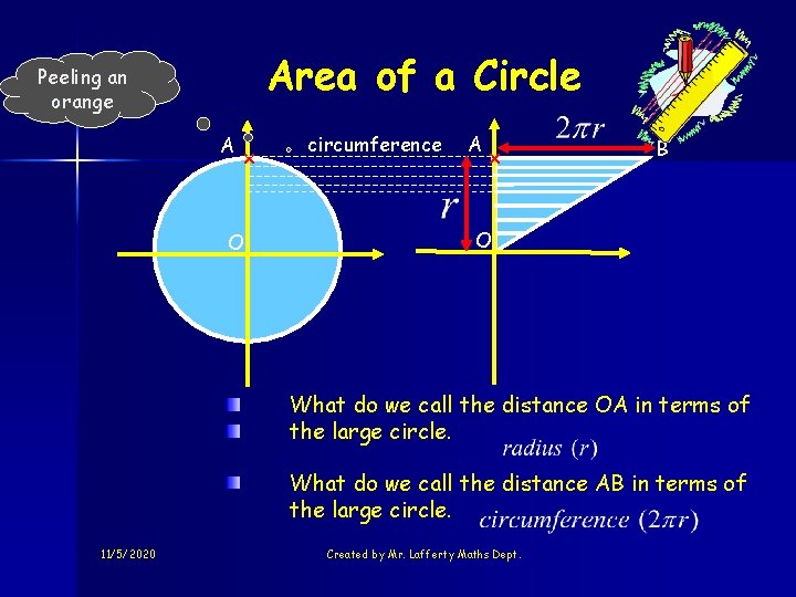 Area of a Circle Peeling an orange A x O circumference A x B
