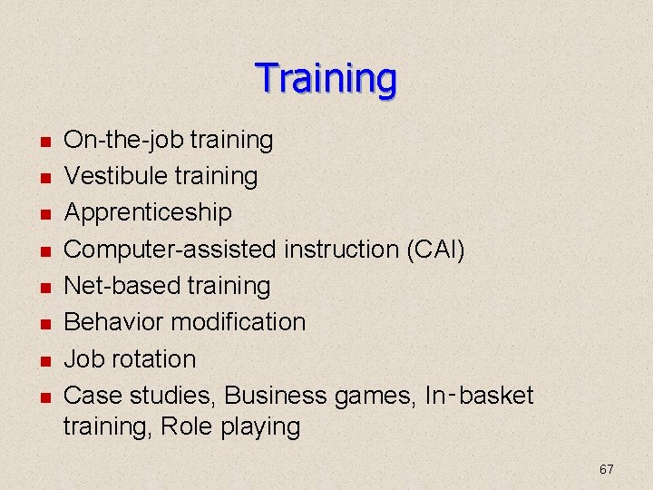 Training On-the-job training Vestibule training Apprenticeship Computer-assisted instruction (CAI) Net-based training Behavior modification Job Training On-the-job training Vestibule training Apprenticeship Computer-assisted instruction (CAI) Net-based training Behavior modification Job