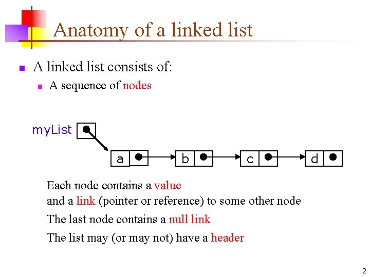 Anatomy of a linked list n A linked list consists of: n A sequence