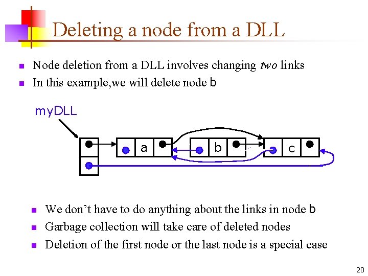 Deleting a node from a DLL n n Node deletion from a DLL involves