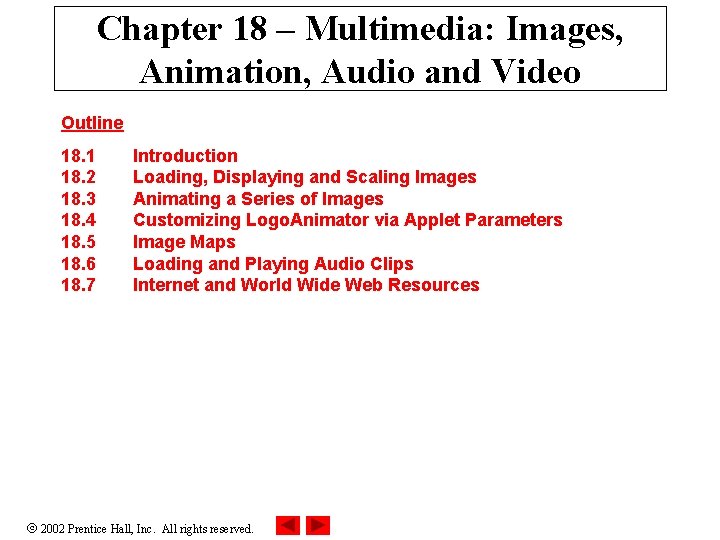 Chapter 18 – Multimedia: Images, Animation, Audio and Video Outline 18. 1 18. 2 Chapter 18 – Multimedia: Images, Animation, Audio and Video Outline 18. 1 18. 2