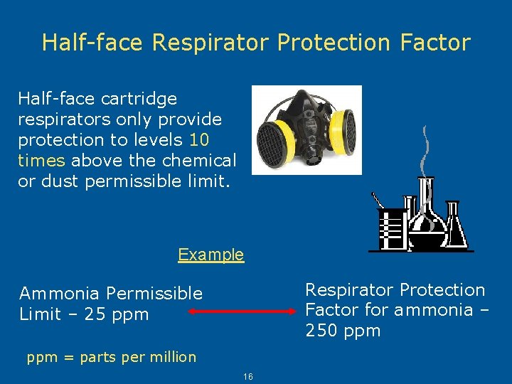 Half-face Respirator Protection Factor Half-face cartridge respirators only provide protection to levels 10 times