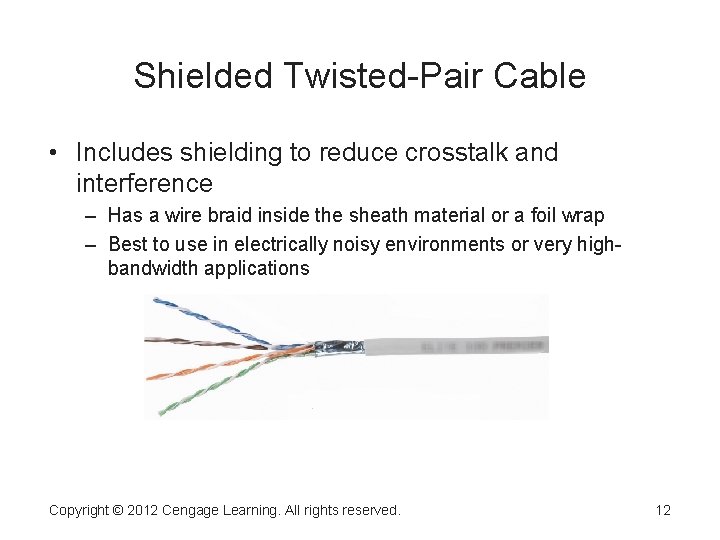 Shielded Twisted-Pair Cable • Includes shielding to reduce crosstalk and interference – Has a