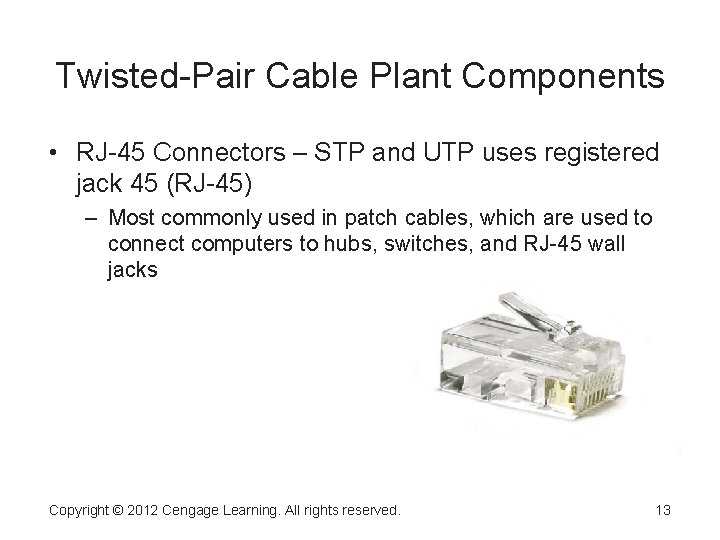 Twisted-Pair Cable Plant Components • RJ-45 Connectors – STP and UTP uses registered jack