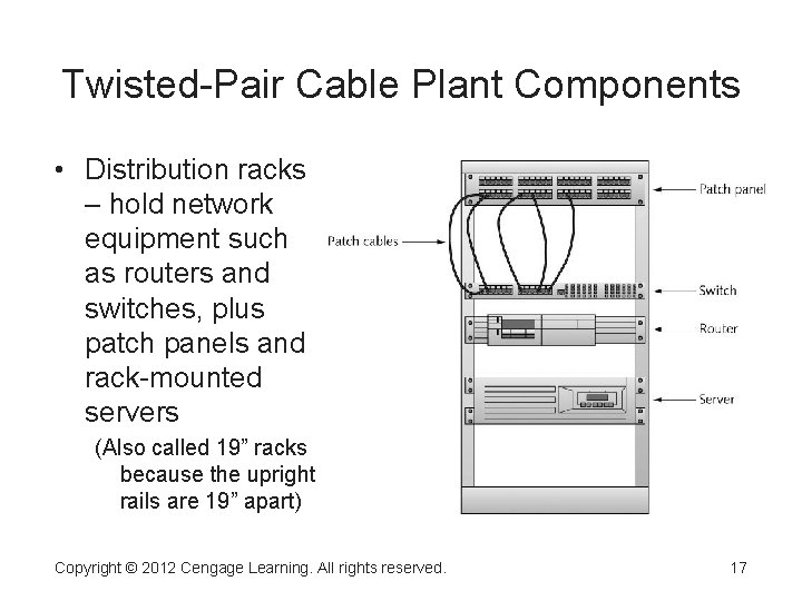 Twisted-Pair Cable Plant Components • Distribution racks – hold network equipment such as routers
