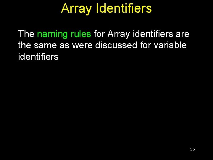 Array Identifiers The naming rules for Array identifiers are the same as were discussed Array Identifiers The naming rules for Array identifiers are the same as were discussed