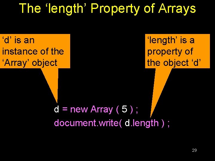 The ‘length’ Property of Arrays ‘d’ is an instance of the ‘Array’ object ‘length’ The ‘length’ Property of Arrays ‘d’ is an instance of the ‘Array’ object ‘length’