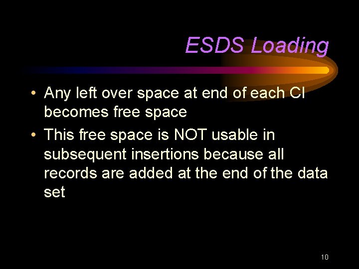 ESDS Loading • Any left over space at end of each CI becomes free