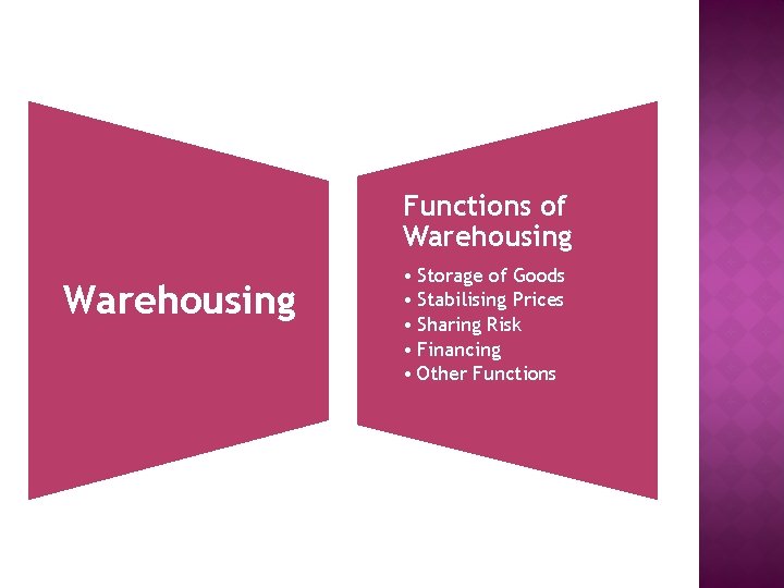 Functions of Warehousing • Storage of Goods • Stabilising Prices • Sharing Risk •