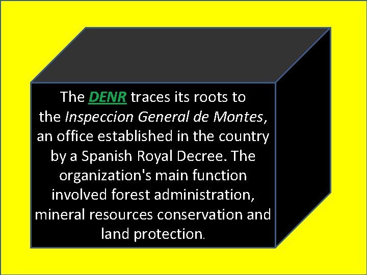 The DENR traces its roots to the Inspeccion General de Montes, an office established