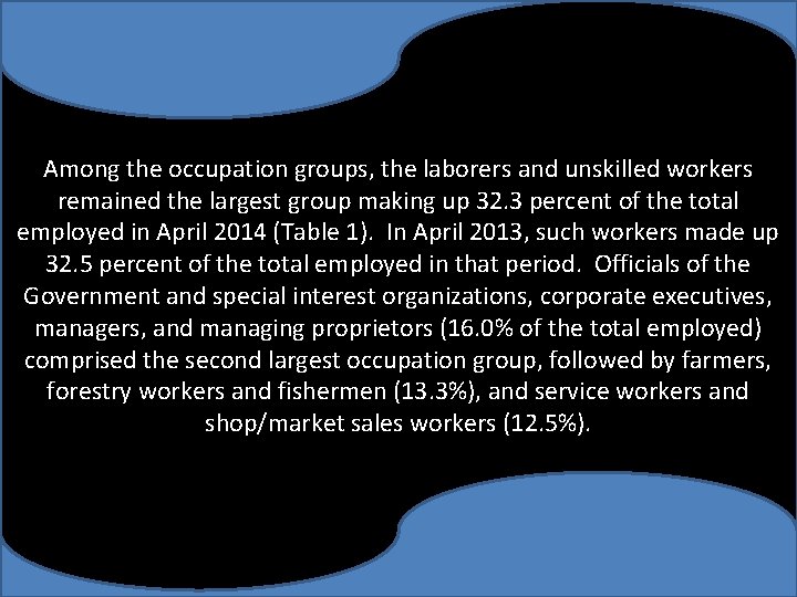 Among the occupation groups, the laborers and unskilled workers remained the largest group making