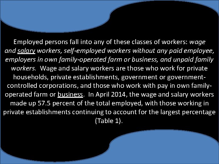 Employed persons fall into any of these classes of workers: wage and salary workers,