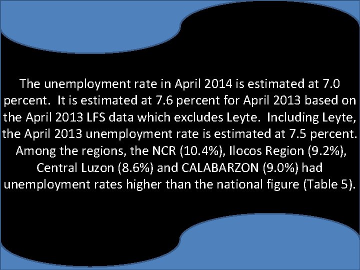 The unemployment rate in April 2014 is estimated at 7. 0 percent. It is