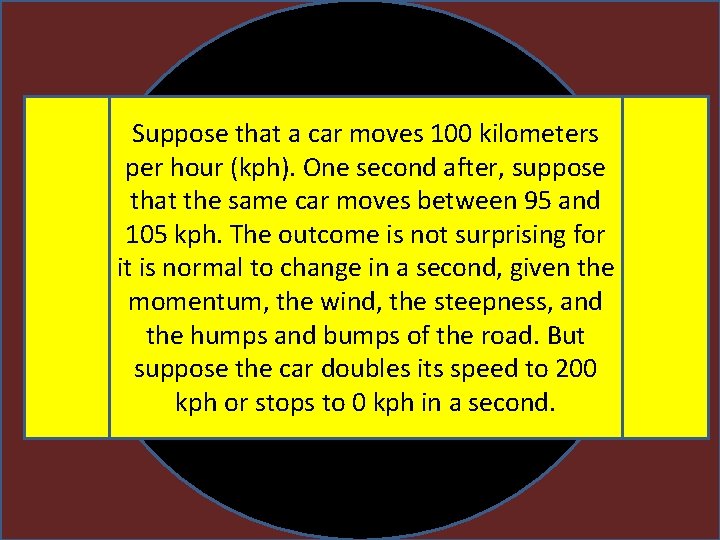 Suppose that a car moves 100 kilometers per hour (kph). One second after, suppose