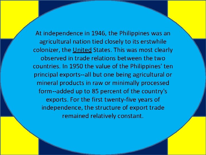 At independence in 1946, the Philippines was an agricultural nation tied closely to its