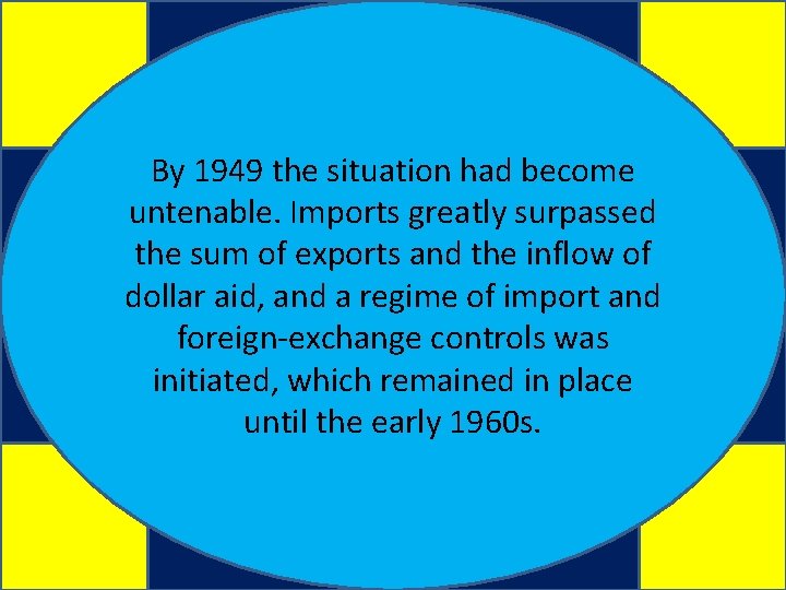 By 1949 the situation had become untenable. Imports greatly surpassed the sum of exports