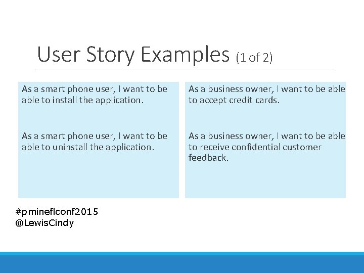 User Story Examples (1 of 2) As a smart phone user, I want to