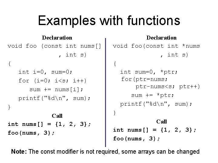 Examples with functions Declaration void foo (const int nums[] , int s) { int