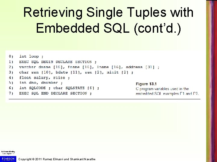 Retrieving Single Tuples with Embedded SQL (cont’d. ) Copyright © 2011 Ramez Elmasri and