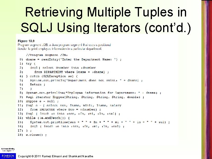 Retrieving Multiple Tuples in SQLJ Using Iterators (cont’d. ) Copyright © 2011 Ramez Elmasri