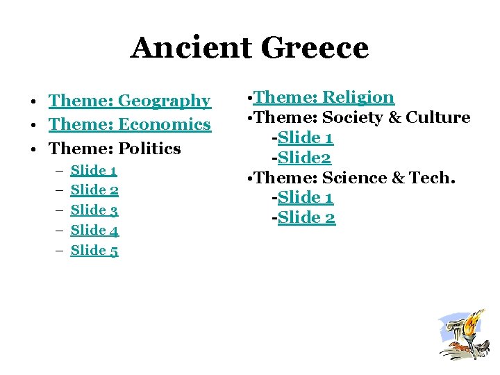 Ancient Greece • Theme: Geography • Theme: Economics • Theme: Politics – – –