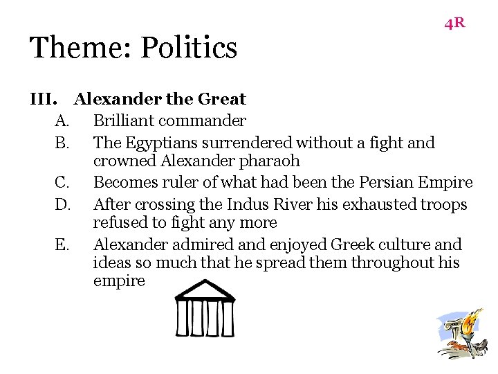 Theme: Politics 4 R III. Alexander the Great A. Brilliant commander B. The Egyptians