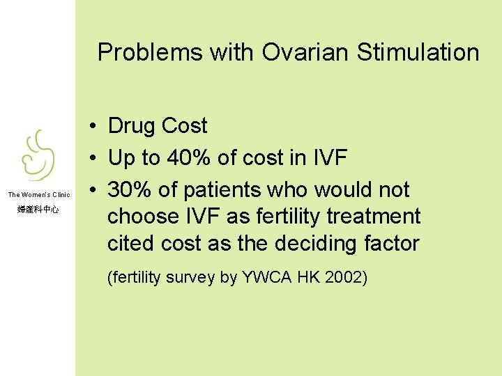 Problems with Ovarian Stimulation The Women’s Clinic 婦產科中心 • Drug Cost • Up to