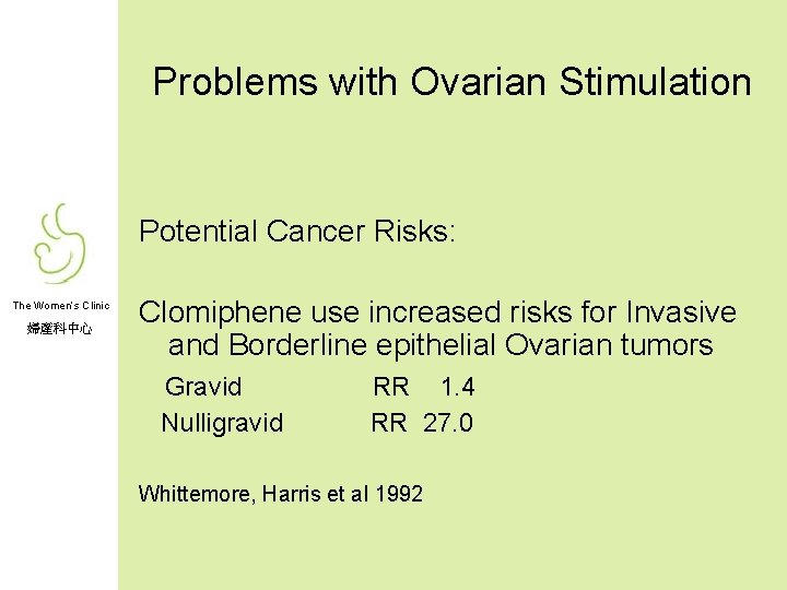 Problems with Ovarian Stimulation Potential Cancer Risks: The Women’s Clinic 婦產科中心 Clomiphene use increased