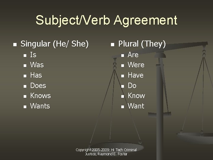 Subject/Verb Agreement n Singular (He/ She) n n n Is Was Has Does Knows