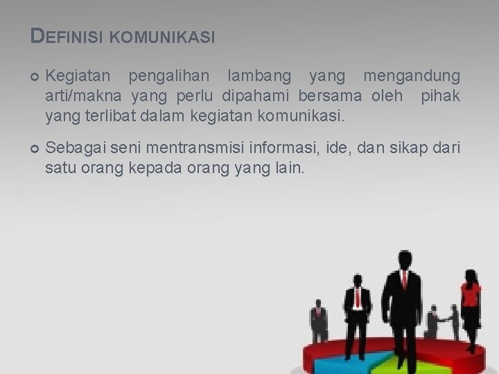 DEFINISI KOMUNIKASI Kegiatan pengalihan lambang yang mengandung arti/makna yang perlu dipahami bersama oleh pihak