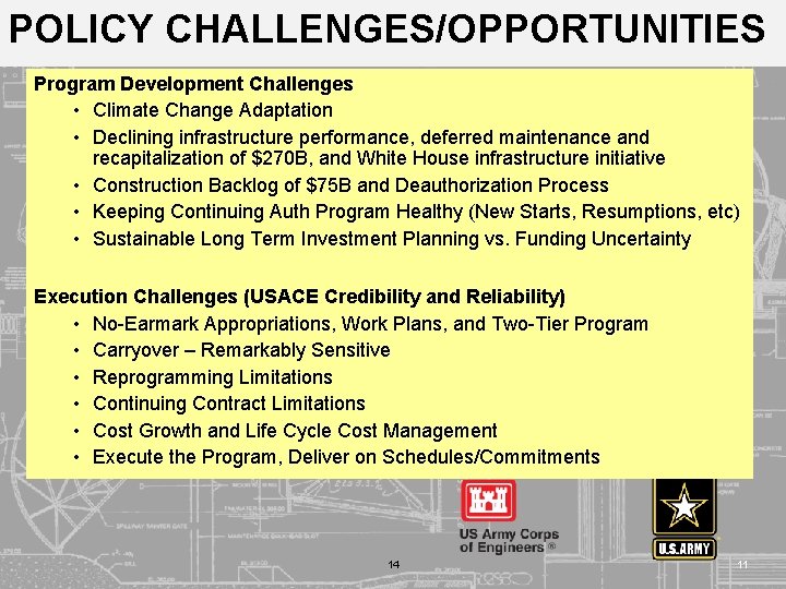 POLICY CHALLENGES/OPPORTUNITIES Program Development Challenges • Climate Change Adaptation • Declining infrastructure performance, deferred