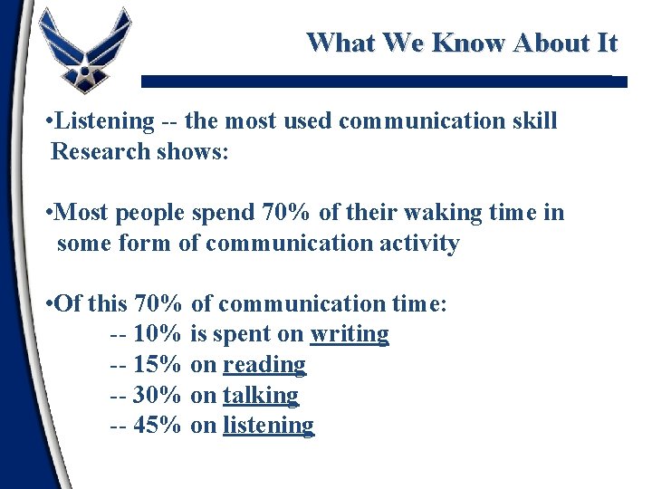What We Know About It • Listening -- the most used communication skill Research