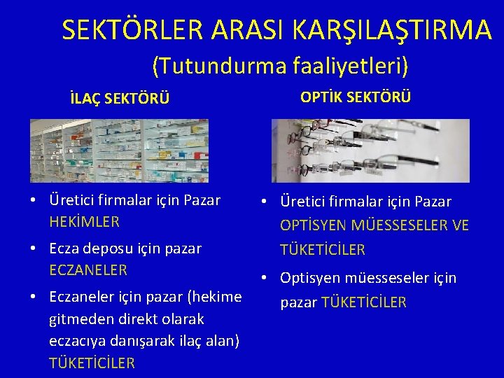 SEKTÖRLER ARASI KARŞILAŞTIRMA (Tutundurma faaliyetleri) İLAÇ SEKTÖRÜ • Üretici firmalar için Pazar HEKİMLER •