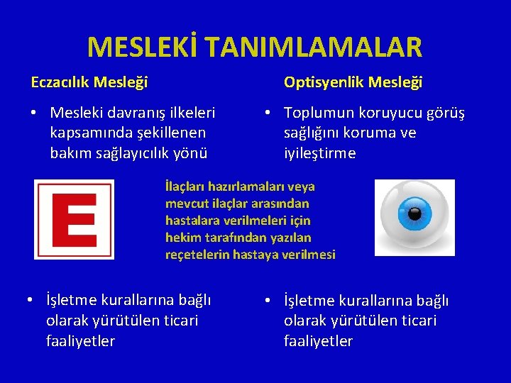 MESLEKİ TANIMLAMALAR Eczacılık Mesleği Optisyenlik Mesleği • Mesleki davranış ilkeleri kapsamında şekillenen bakım sağlayıcılık