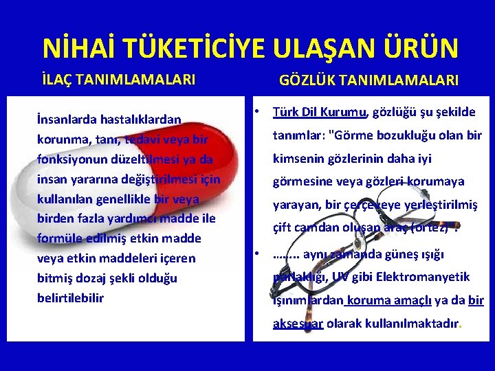 NİHAİ TÜKETİCİYE ULAŞAN ÜRÜN İLAÇ TANIMLAMALARI İnsanlarda hastalıklardan korunma, tanı, tedavi veya bir fonksiyonun