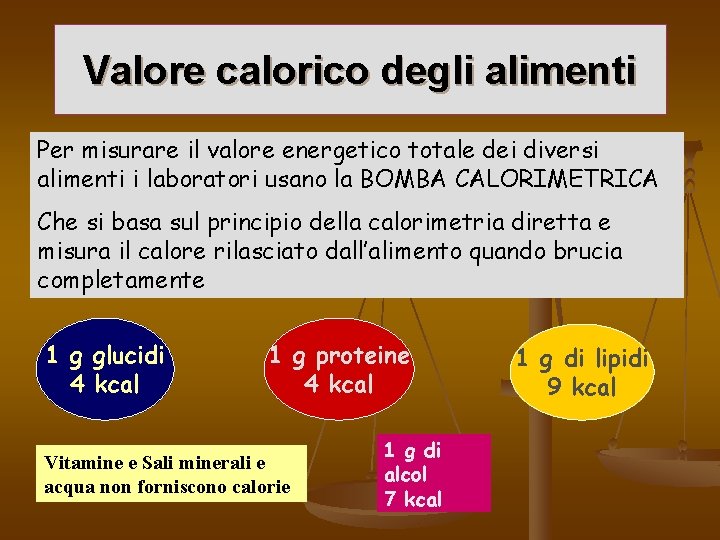 Valore calorico degli alimenti Per misurare il valore energetico totale dei diversi alimenti i