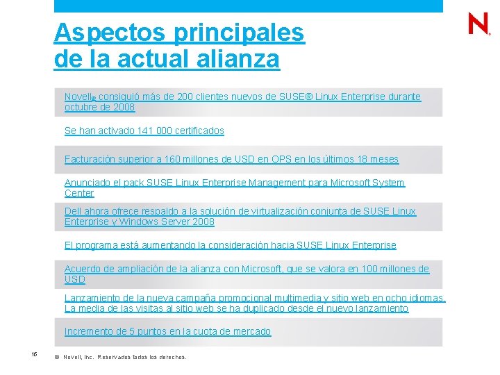  Aspectos principales de la actual alianza Novell® consiguió más de 200 clientes nuevos