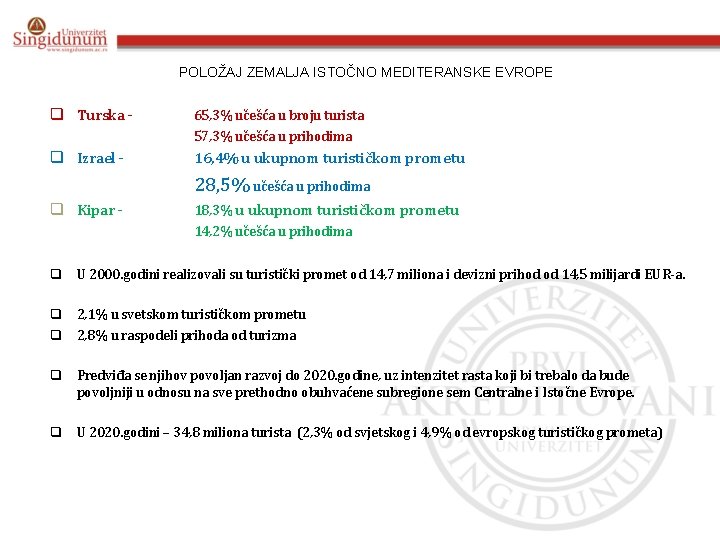 POLOŽAJ ZEMALJA ISTOČNO MEDITERANSKE EVROPE q Turska - 65, 3% učešća u broju turista