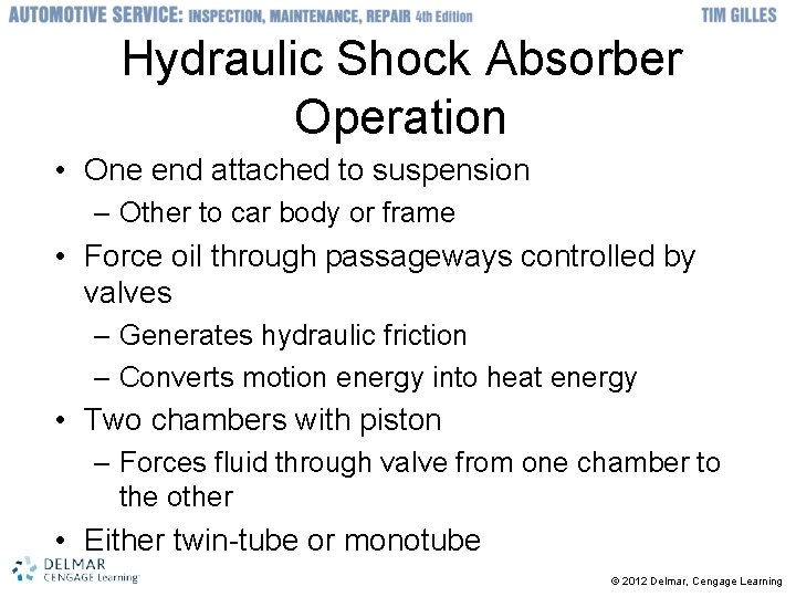 Hydraulic Shock Absorber Operation • One end attached to suspension – Other to car