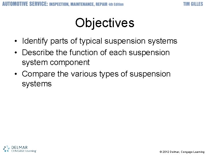 Objectives • Identify parts of typical suspension systems • Describe the function of each