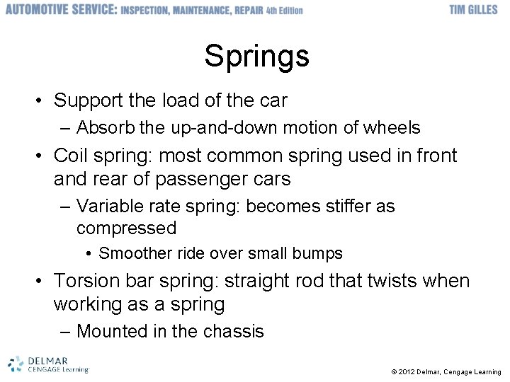 Springs • Support the load of the car – Absorb the up-and-down motion of